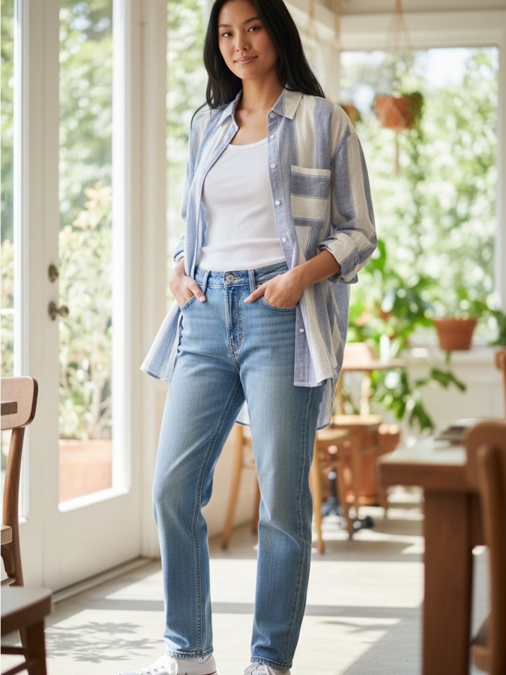 Maeve Blue and White Striped Button-Up Shirt